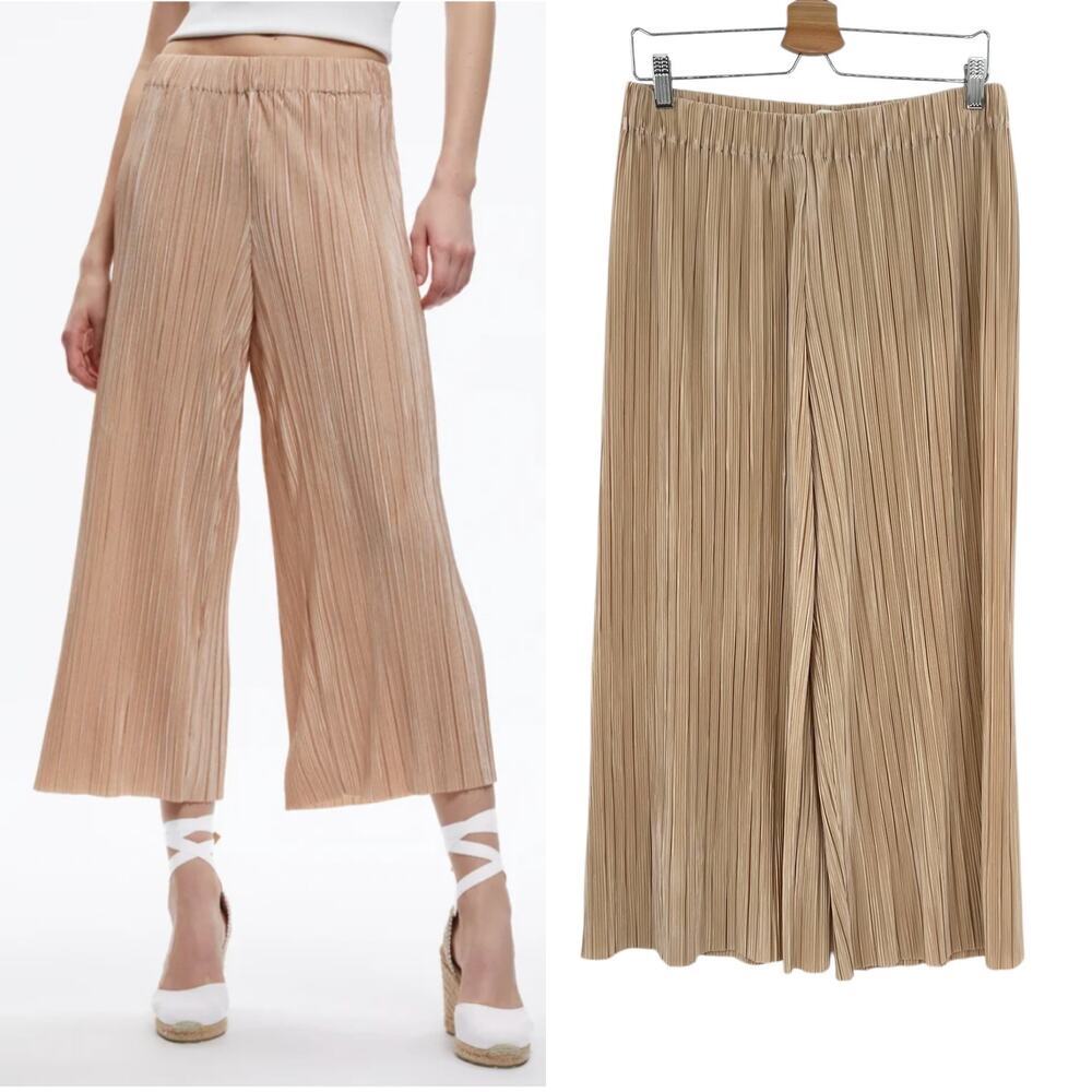 Alice + Olivia Benny Pants Ribbed Pleated Plisse Cropped Wide Leg Tan Size Large